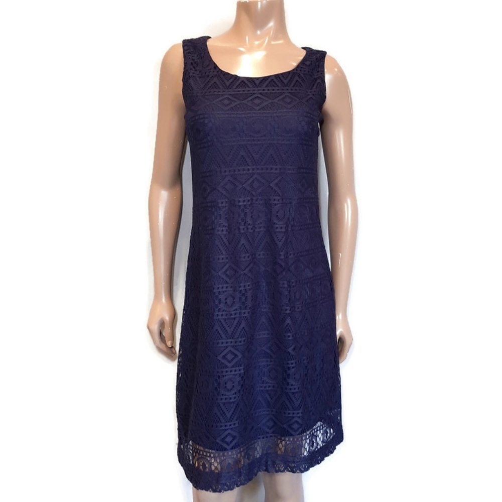3/$20 Tacera Sleeveless Lace Overlay Navy Blue  Shift Dress Womens Size Medium